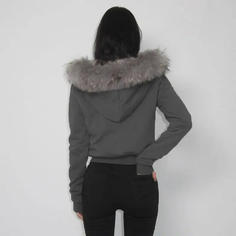 Patchwork Furry Hooded Sweatshirt for Women Y2k Tops Streetwear Casual Hoodies 2025 Ropa Mujer Korean Fashion Zipper Crop Hoodie