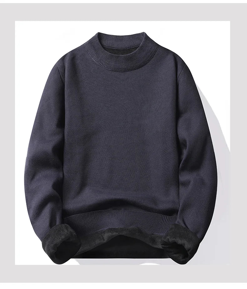 Winter New Men's Knitted Sweater with A Half High Collar Solid Color Plush and Warm Knitted Lining Top  Casual and Versatile Top
