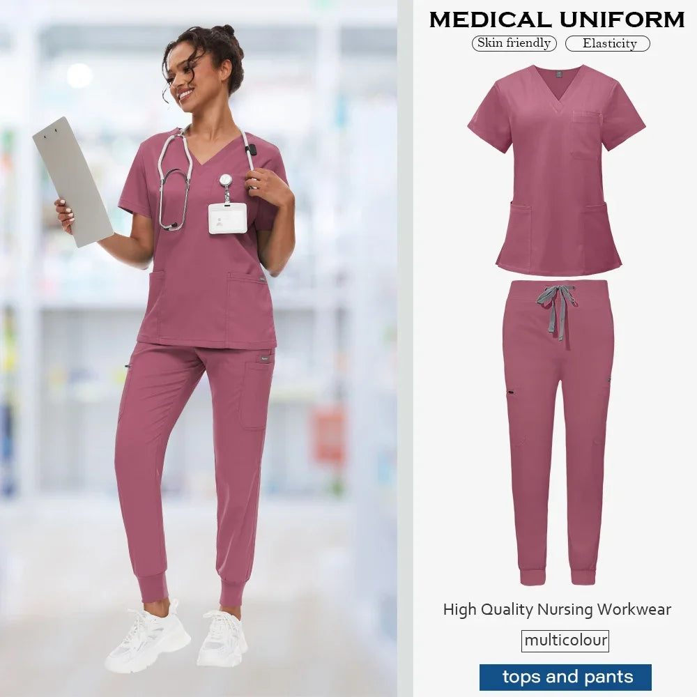 Doctor Nursing Uniforms Multicolour Jogger Suit V-neck Tops Pocket Pants Nurse Scrubs Set New Medical Clinical Clothes Women Men