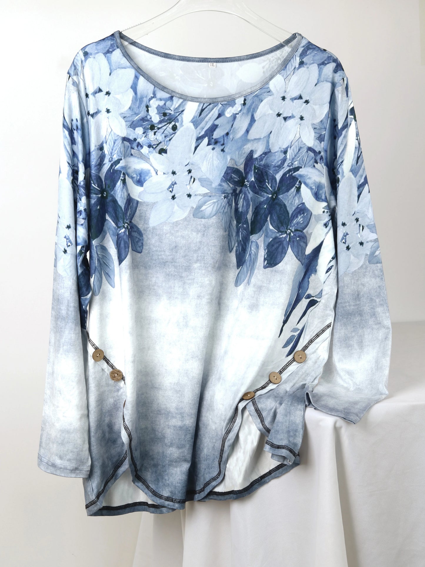 Women's Plus Size Stylish Floral Print Stylish Casual Top with Button Accent Long Sleeve T-Shirt for Spring & Fall-Comfortable