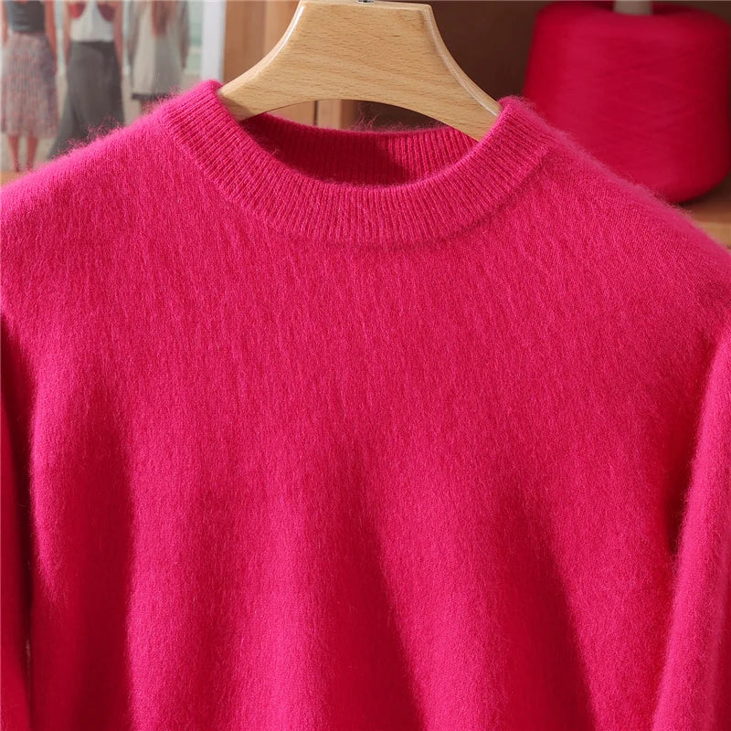 Autumn Winter Sweater Pullover Women's Clothing 100% Mink Cashmere Sweater Pullover O-Neck Basic Long Sleeve Warm Fleece Knitted