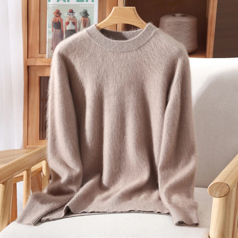 Autumn Winter Sweater Pullover Women's Clothing 100% Mink Cashmere Sweater Pullover O-Neck Basic Long Sleeve Warm Fleece Knitted