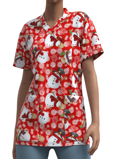 Sanitary Uniform Woman Cute Snowman Prints V-Neck Short Sleeve Pockets in Micro-Elastic Material Tops Clinical Uniforms Woman