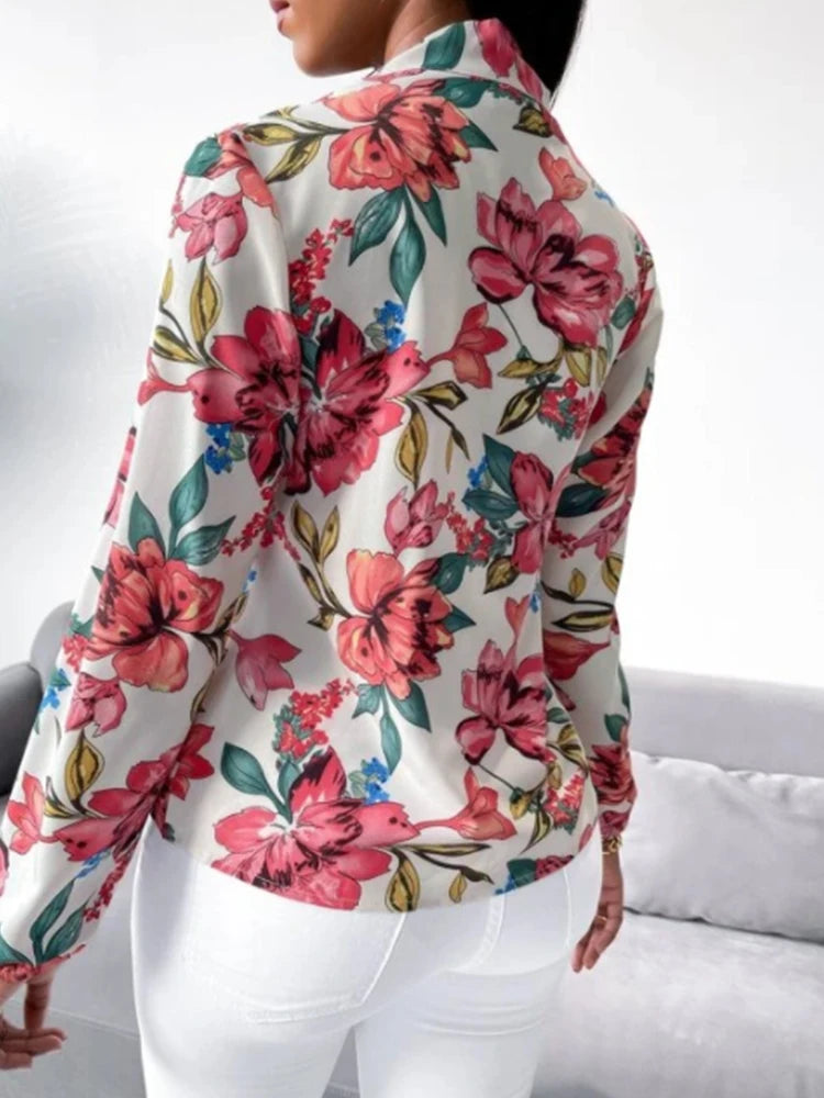 Women's Fashion Work Clothes Floral Print Bow Tie Shirt Fashion Office Dress up Women's Business Casual Clothing