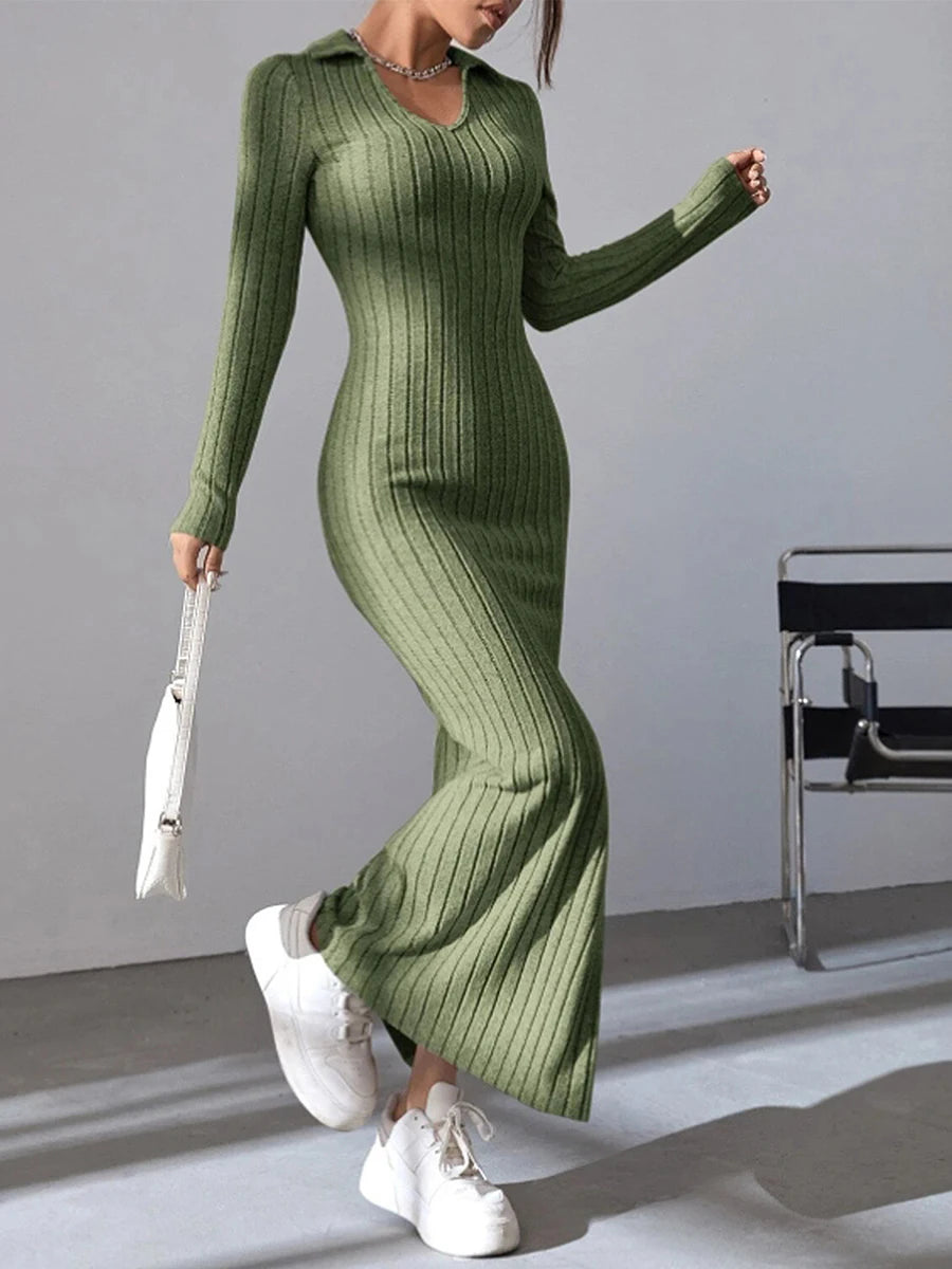 Women's Fall Winter Knitted Dress Long Sleeve Lapel Collar Solid Color Bodycon Long Dress Going Out Dress