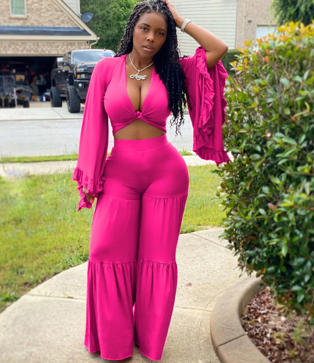 Casual Spring And Autumn For Women's Solid Color Long Sleeved Chest Wrap Top and Wide Leg Trousers Female Office 2 Piece Set