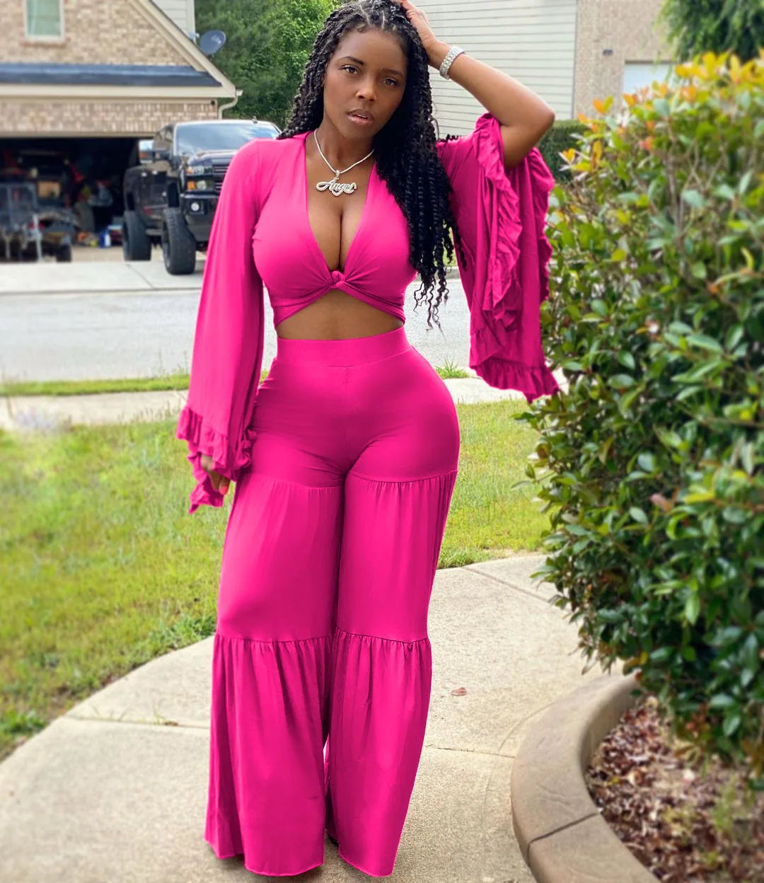 Casual Spring And Autumn For Women's Solid Color Long Sleeved Chest Wrap Top and Wide Leg Trousers Female Office 2 Piece Set