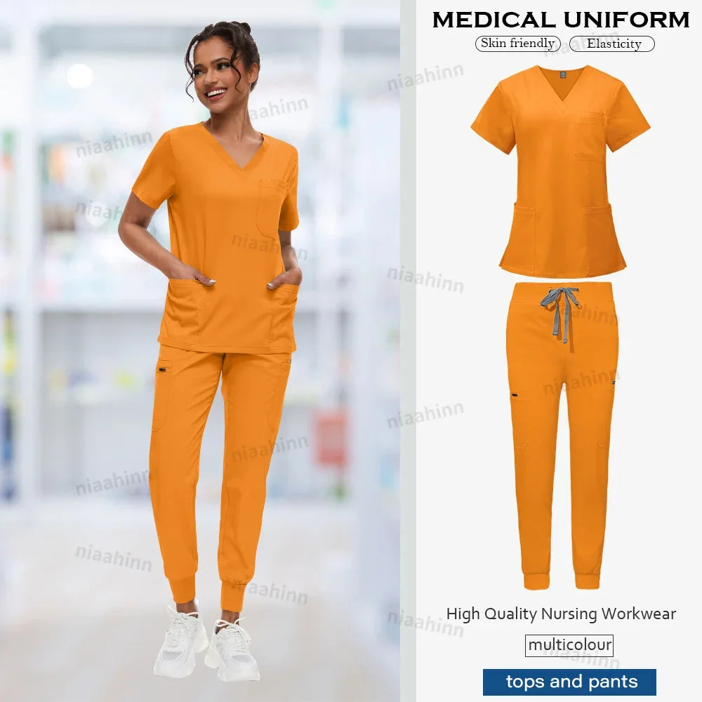 Doctor Nursing Uniforms Multicolour Jogger Suit V-neck Tops Pocket Pants Nurse Scrubs Set New Medical Clinical Clothes Women Men
