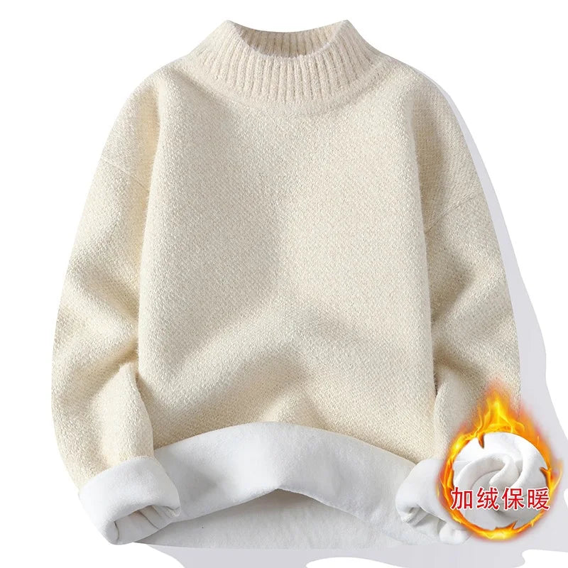 New Winter Men Mock Neck Sweaters Fleece Warm Knitted Pullovers Man Streetwear Loose Casual Sweaters Good Quality Male Pullovers