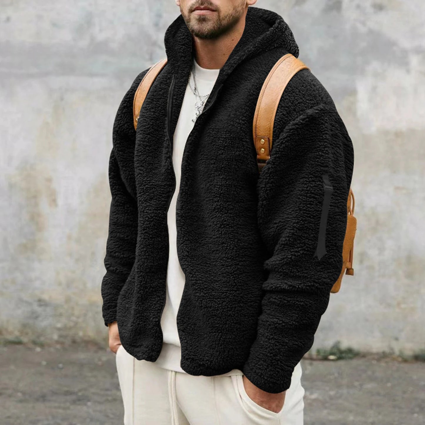 Winter Men'S Casual Loose Double-Sided Velvet Jacket Solid Color Zipper Hooded And Warm Jacket Suitable For Daily Wear