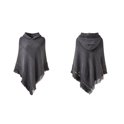 Women Winter Warm Knitted Hooded Poncho Cape Solid Color Crochet Fringed Tassel Shawl Wrap Oversized Pullover Cloak Sweater Top