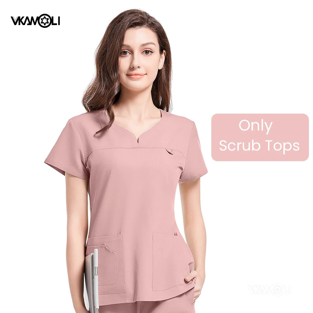 Slim fitting elasticity nurse scrubs tops dentistry doctor lab spa uniform surgical Scrub shirt for woman pharmacy pet hospital