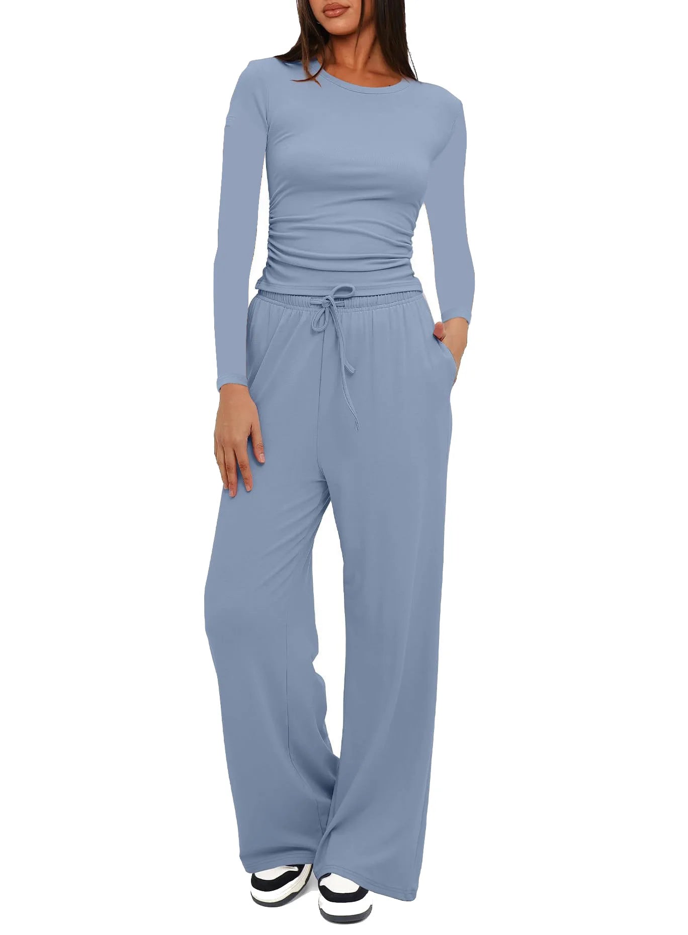 Autumn Winter Trend Fashion Women's Two Pieces Set Solid Casual O Neck Long Sleeve T-shirts & High Waist Wide Leg Pants Sets