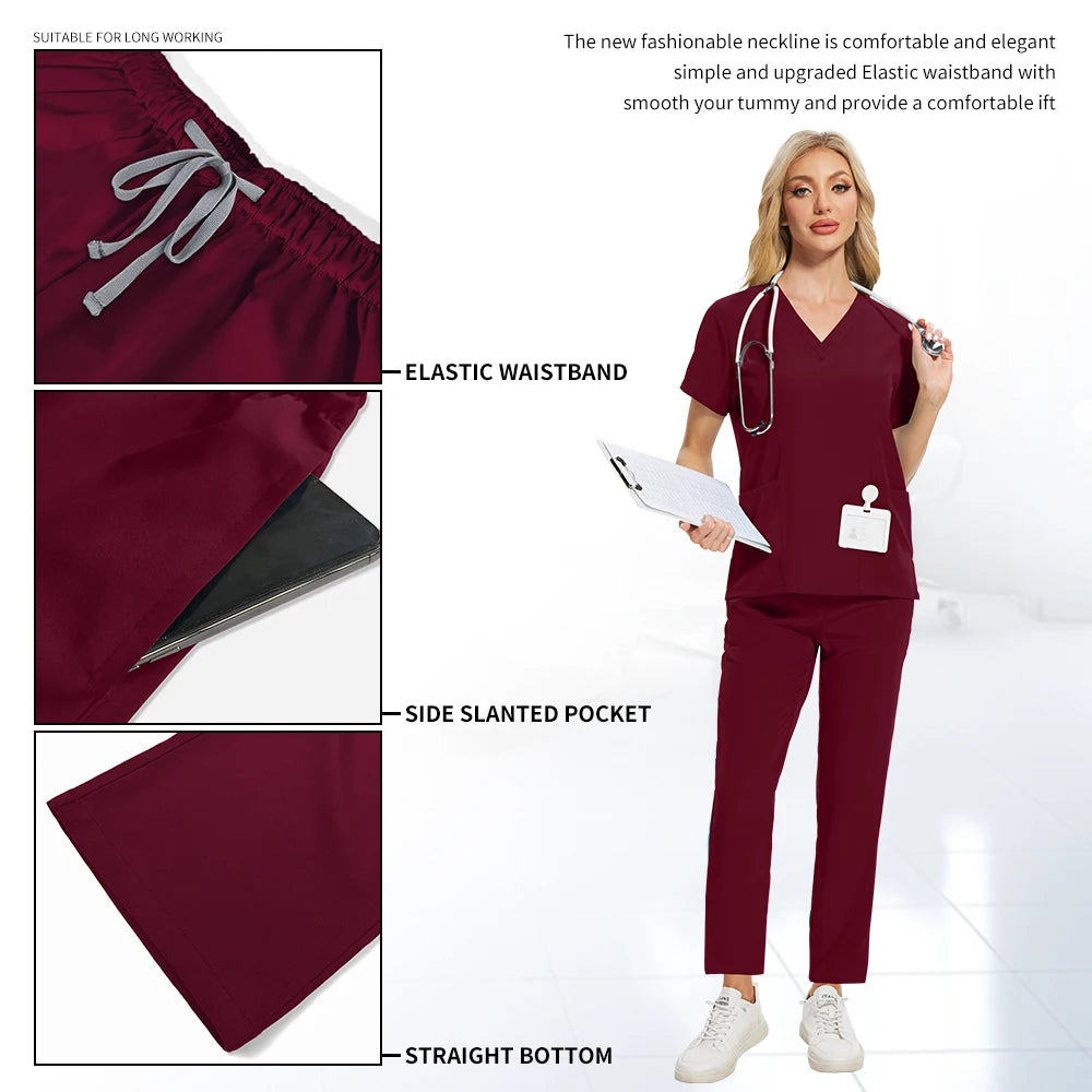 Women Health Service Nurse Uniforms Scrub Set Beauty Salon Spa Workwear Scrubs Top+Pant Doctor Nursing Tunic Suit