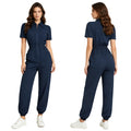 Womens Short Sleeve Scrubs Jumpsuit Front Zipper Elastic Waist Jogger Pants Rompers Nurse Doctor Workwear for Caring Nursing