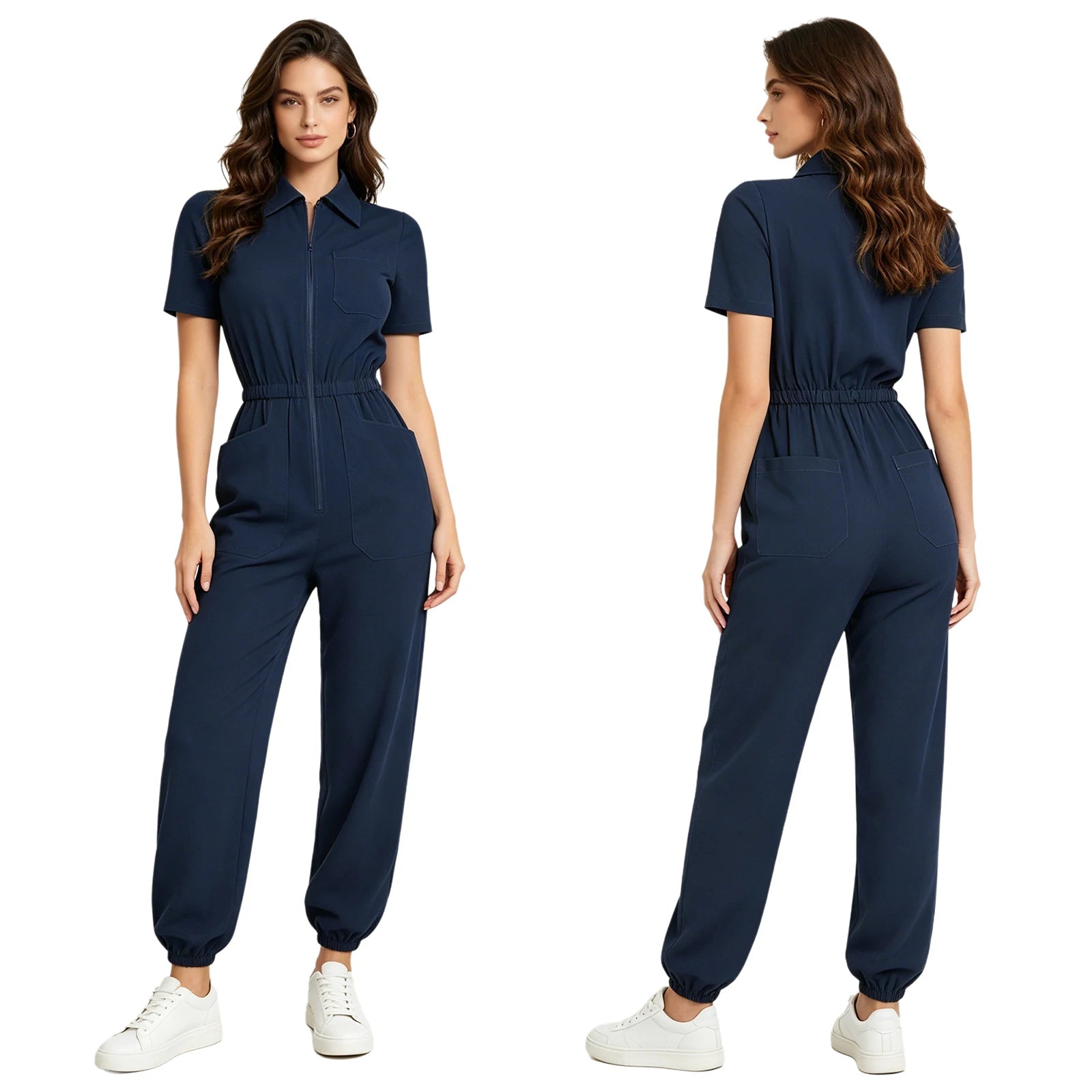 Women Scrub Jumpsuit Nurse Doctor Medical Esthetician Workwear Short Sleeve Multi-pockets Elastic Waist Jogger Pants Rompers
