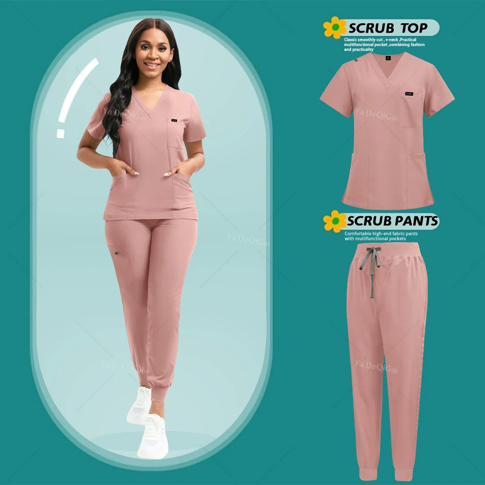 Brown Scrubs Set Wholesale Operating Room Uniforms Medical Scrubs Set Hospital Workwear Dental Beautician Top Pants Surgery Suit