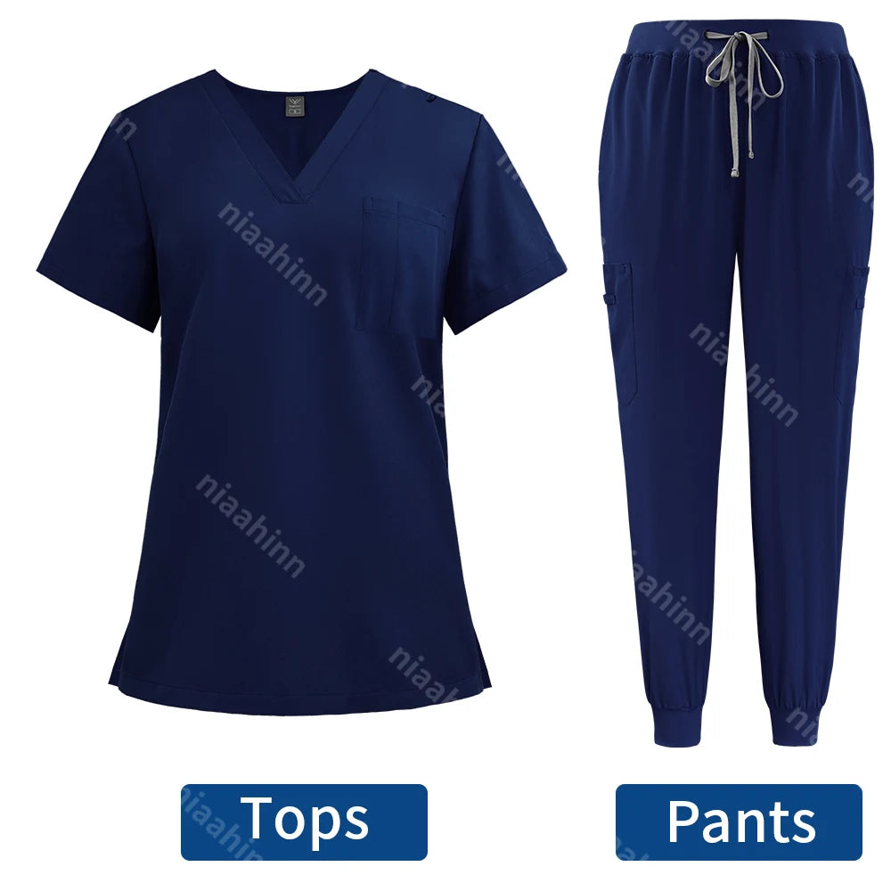 Niaahinn Surgical Uniforms Women Scrub Set Medical Nursing Workwear Dental Clinic Doctor Scrubs Tops+Pants Spa Work Unifrom Suit