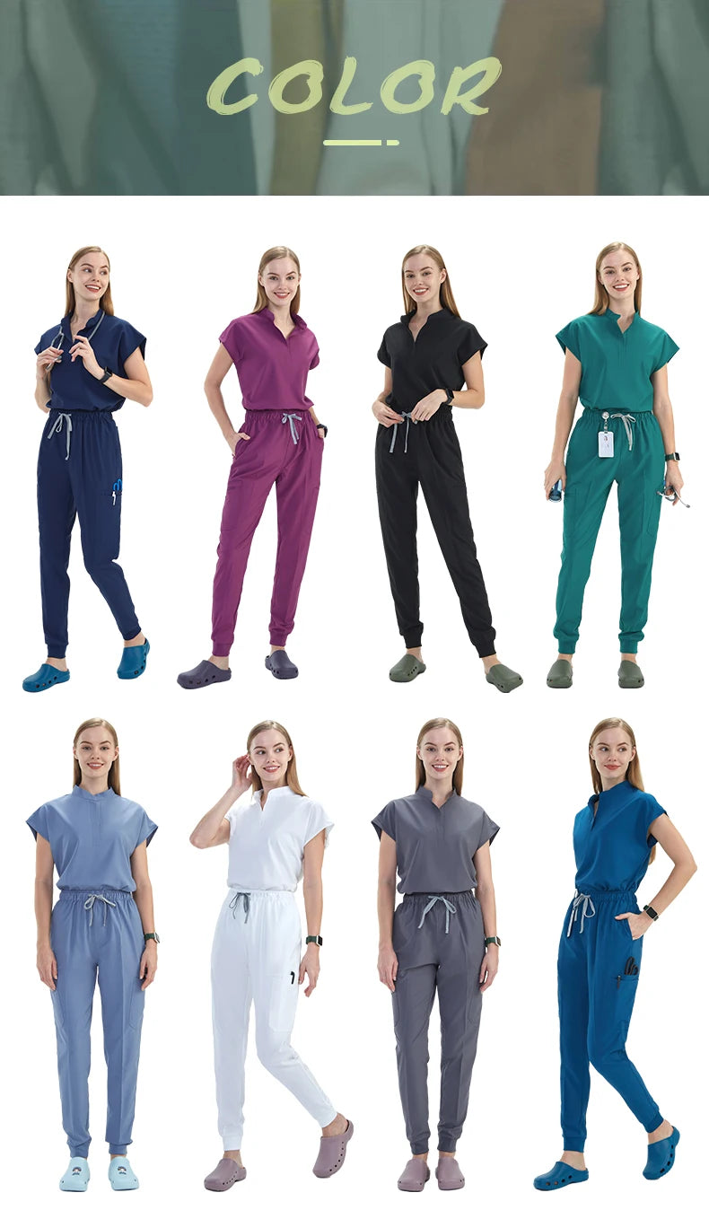 Premium Women's Scrub Sets Mandarin Collar Nurse Uniform Doctor Clothes Tunic Jogger Pant Surgical Scrubs Outfit 10 Pockets S180