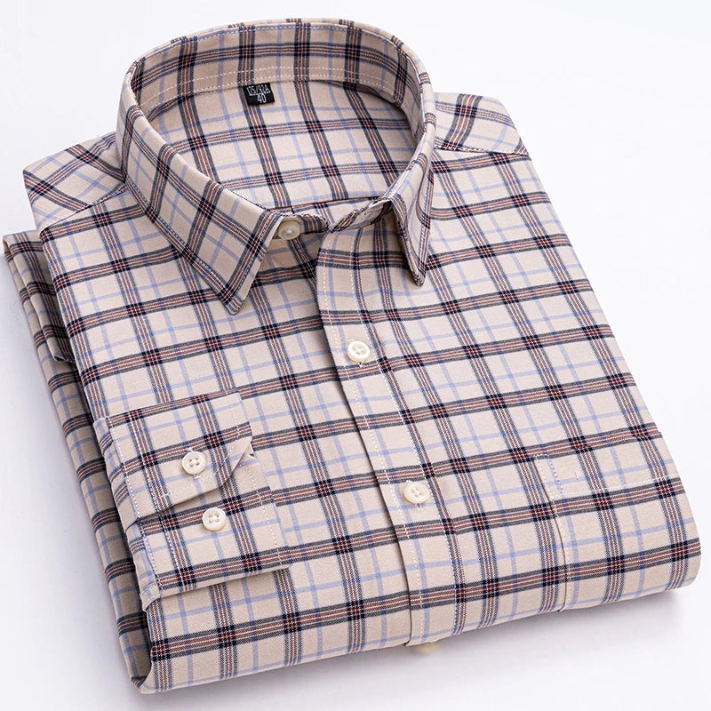 New S-7XLCotton Oxford Shirt For Mens Long Sleeve Plaid Striped Casual Shirts Male Pocket Regular-Fit Button-Down Work Man Shirt