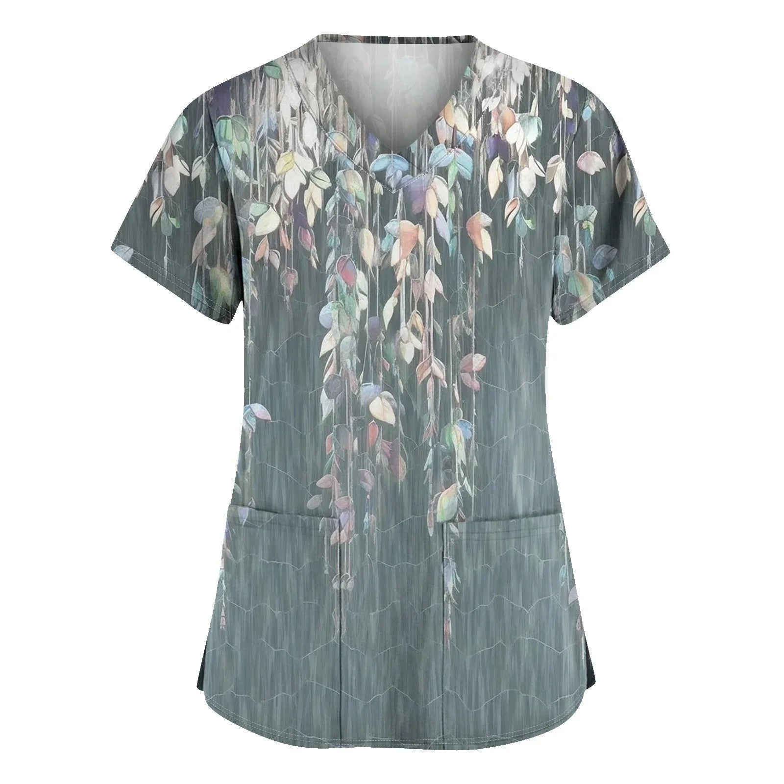 Women Nurse Uniform Medical Scrubs Flower 3d Print V-Neck Pocket Medical Uniforms Cartoon Nursing Scrubs Short Sleeve Pocket Loo