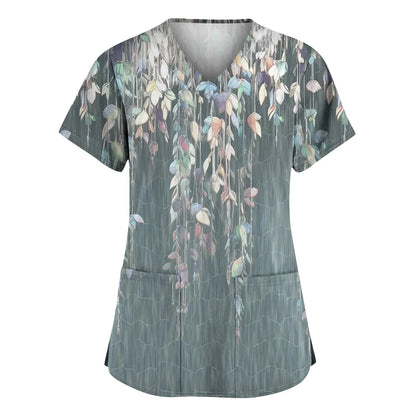 Women Nurse Uniform Medical Scrubs Flower 3d Print V-Neck Pocket Medical Uniforms Cartoon Nursing Scrubs Short Sleeve Pocket Loo