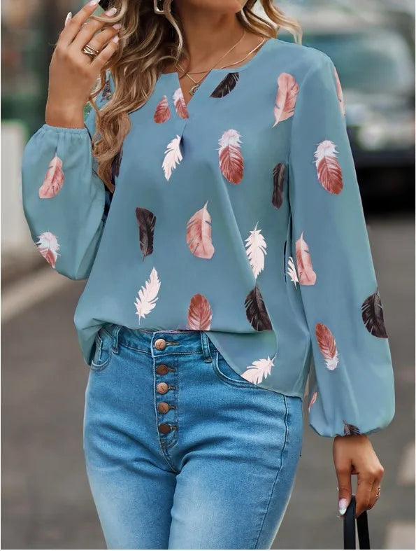 Plus Size Woman Blouse Shirts For Women Stylish Top long Sleeve Feather Pattern Female Tops Elegant Chiffon Mujer Woman Clothes