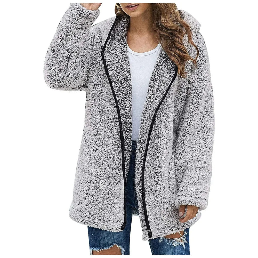 Autumn and Winter New Casual Solid Colour Lapel Hooded Long-sleeved Plush Sweater Fleece Jacket