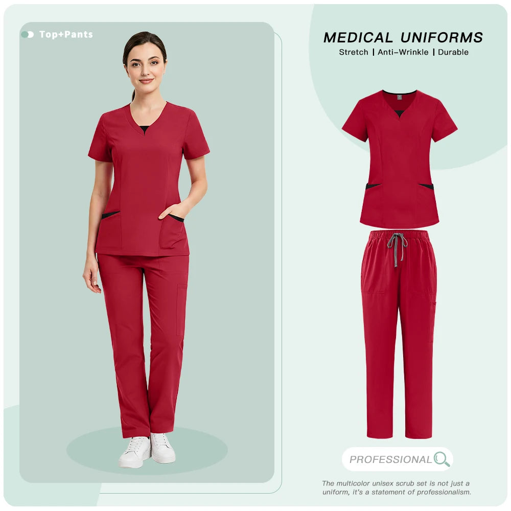 Medical Uniforms for V-neck Hospital Nurse Scrubs Set Women Doctor Workwear Oral Dental Surgery Work Top+Pants New Beauty Suit
