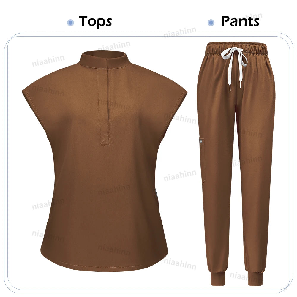Niaahinn Scrubs Hot Sales Jogger Scrub Sets Women Solid Color Breathable Work Clothes Lab Coat Uniform Hospital Doctor Work Wear