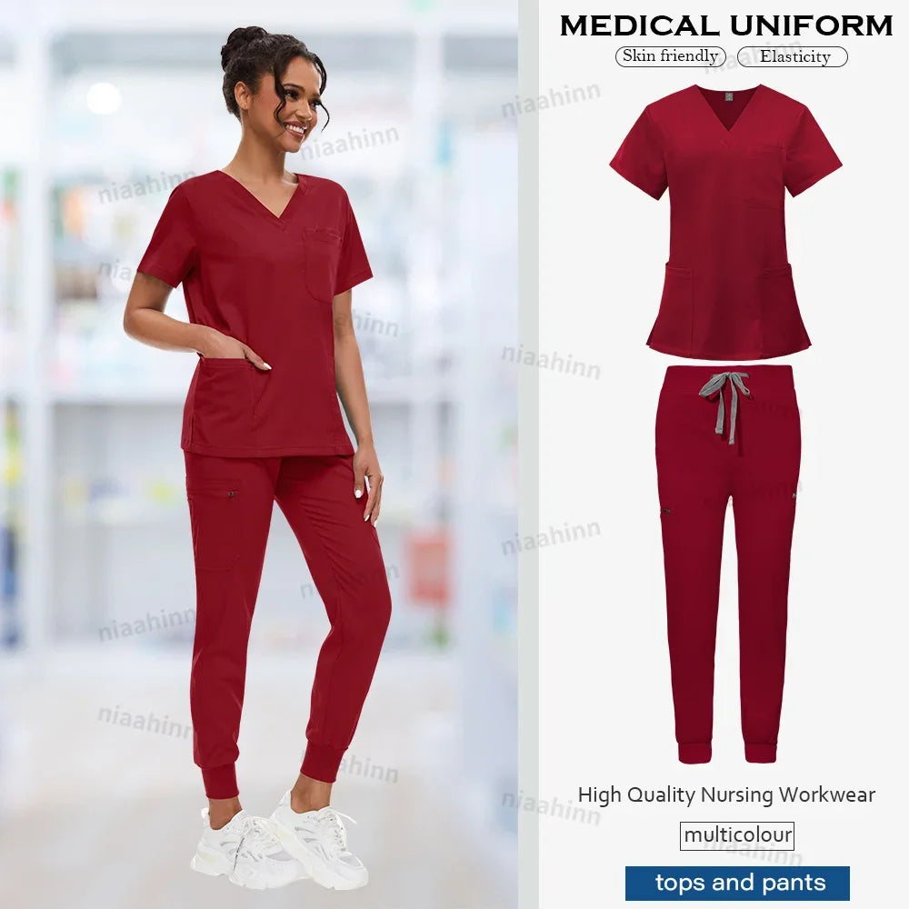 Doctor Nursing Uniforms Multicolour Jogger Suit V-neck Tops Pocket Pants Nurse Scrubs Set New Medical Clinical Clothes Women Men