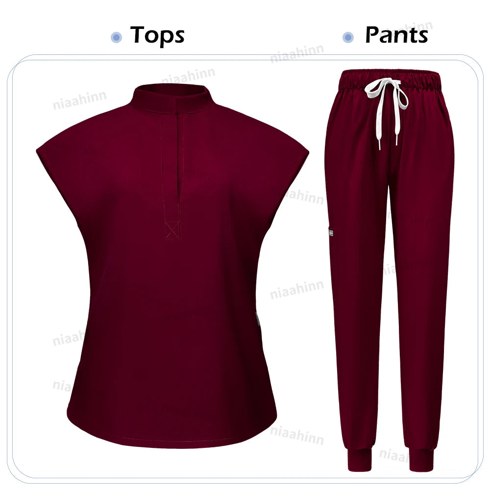 Niaahinn Scrubs Hot Sales Jogger Scrub Sets Women Solid Color Breathable Work Clothes Lab Coat Uniform Hospital Doctor Work Wear