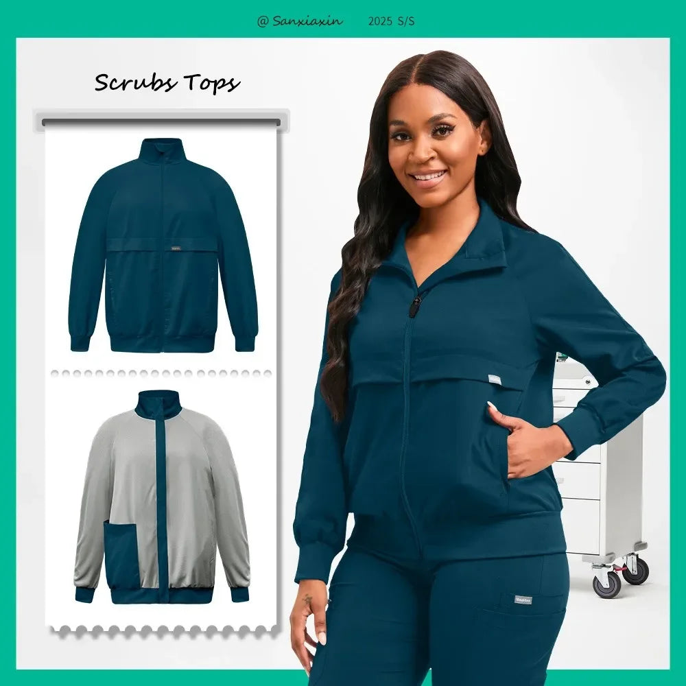 Long Sleeved Medical Scrub Jacket Pharmacy Uniform Women Solid Nurse Hospital Scrub Coat Surgical Uniforms Beauty Salon Workwear