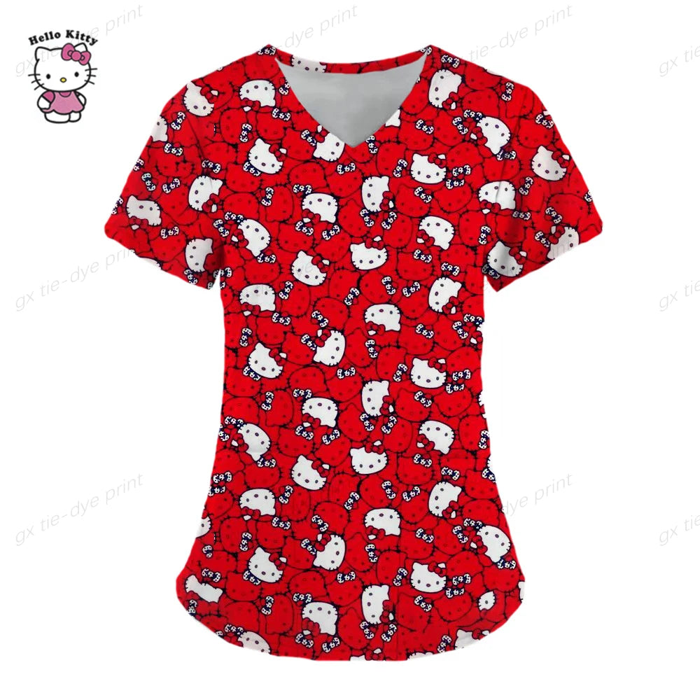 Hello Kitty Uniform Women's Cartoon Hello Kitty Print Nurse Work Shirt Pocket Gown Christmas Healthcare Nurse Scrubs