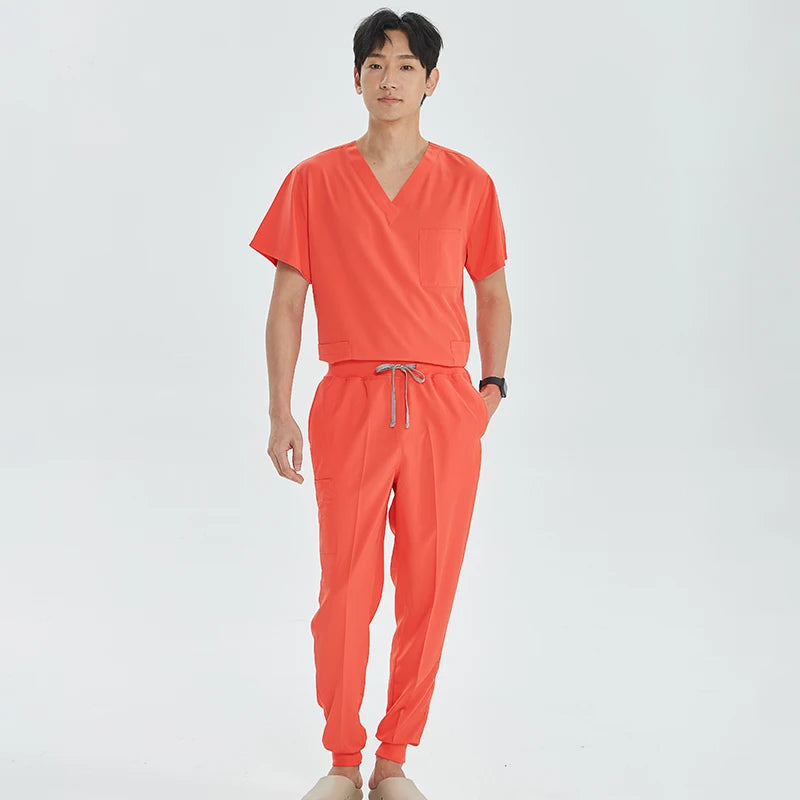 Green Hospital Work Uniforms Short-sleeved Doctor Outfit Clinical Scrub Set for Women Men Nurse V-neck Top Jogger Pant Scrub S21