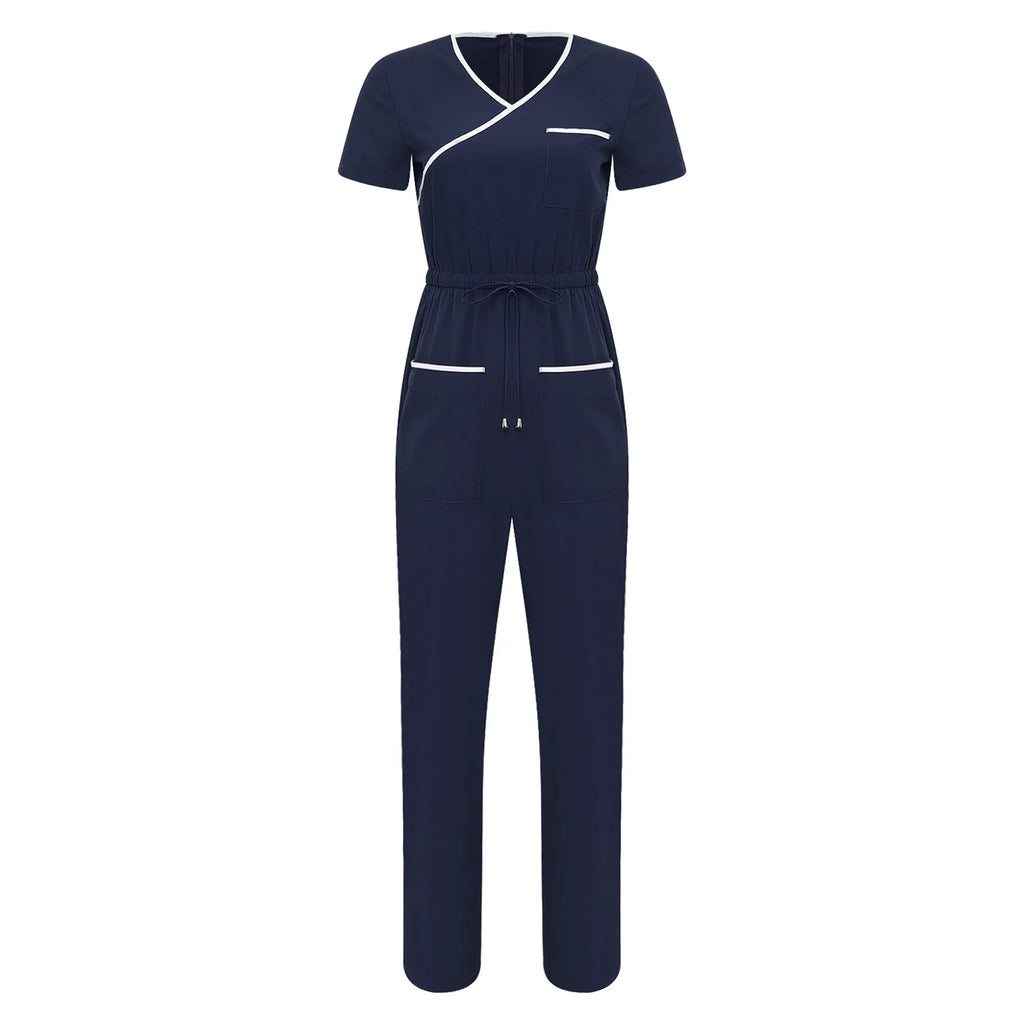Women Scrub Jumpsuit Nurse Doctor Medical Esthetician Workwear Short Sleeve Multi-pockets Elastic Waist Jogger Pants Rompers