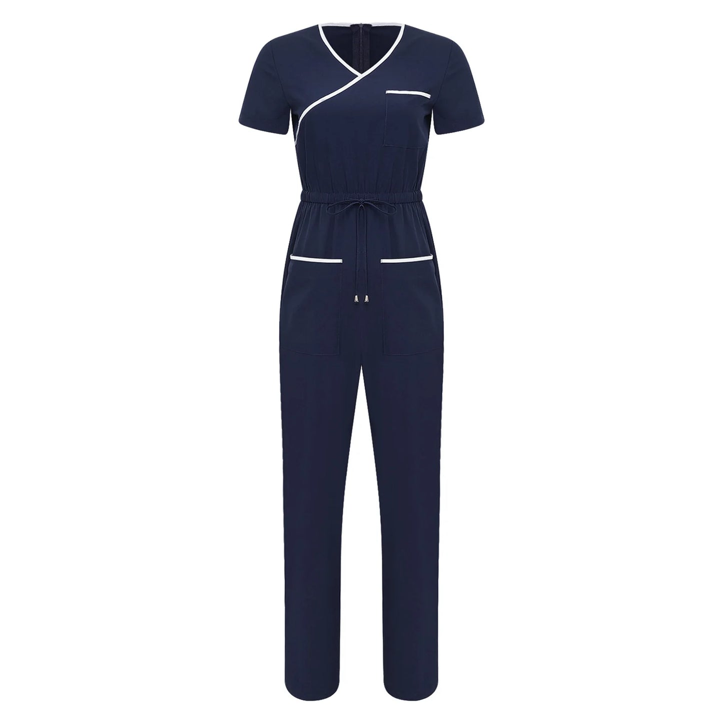 Women Scrub Jumpsuit Nurse Doctor Medical Esthetician Workwear Short Sleeve Multi-pockets Elastic Waist Jogger Pants Rompers
