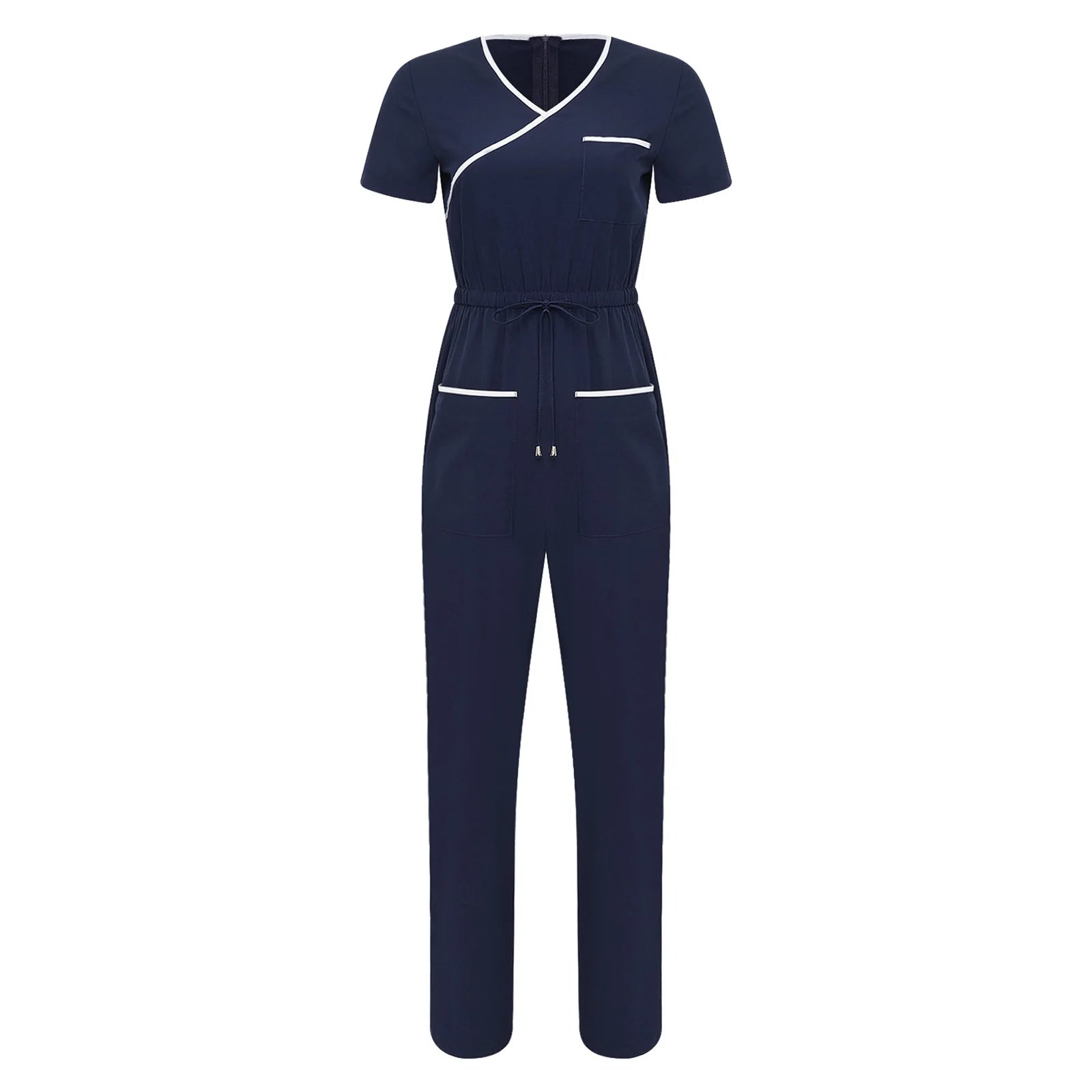 Women Scrub Jumpsuit Nurse Doctor Medical Esthetician Workwear Short Sleeve Multi-pockets Elastic Waist Jogger Pants Rompers