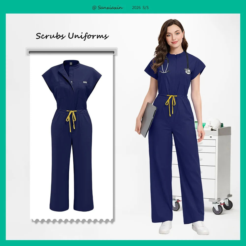 Slim Fitting Elasticity Scrubs Workwear Operating Room Medical Uniforms Nurse Scrubs Jumpsuit Women Solid Color Surgery Clothing