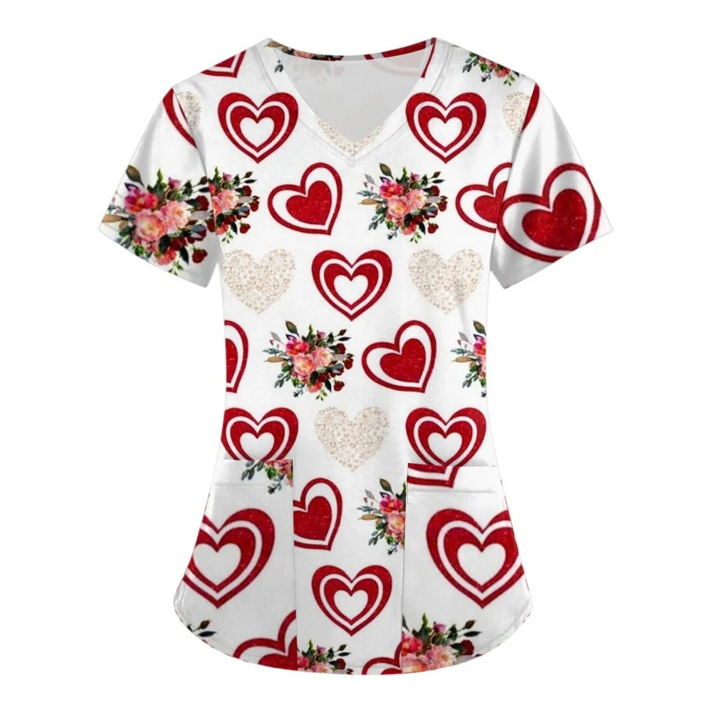 Clinical Uniform Woman V-Neck with Pocket Nurse Uniforms Comfortable Valentine's Day 3D Pattern Printed Women's Medical Uniform