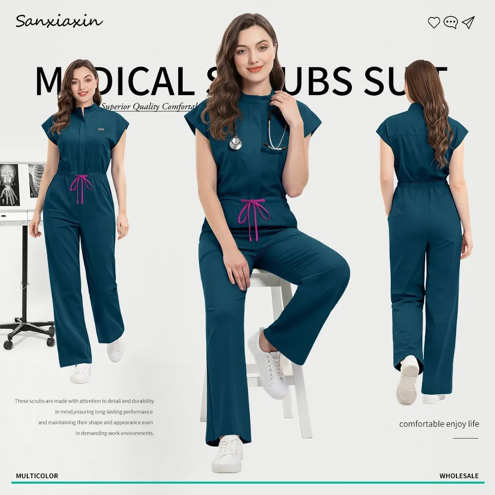 Slim Fitting Elasticity Scrubs Workwear Operating Room Medical Uniforms Nurse Scrubs Jumpsuit Women Solid Color Surgery Clothing