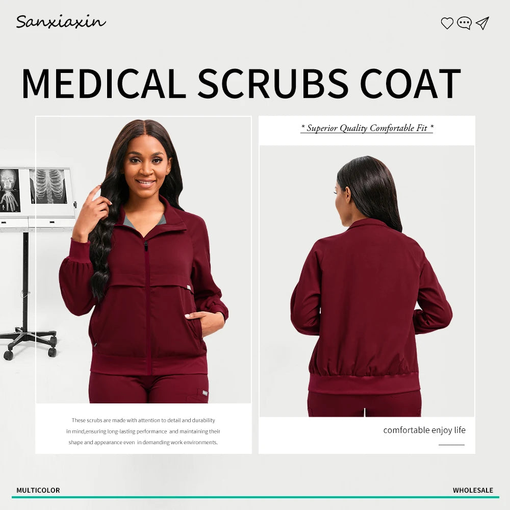 Long Sleeved Medical Scrub Jacket Pharmacy Uniform Women Solid Nurse Hospital Scrub Coat Surgical Uniforms Beauty Salon Workwear