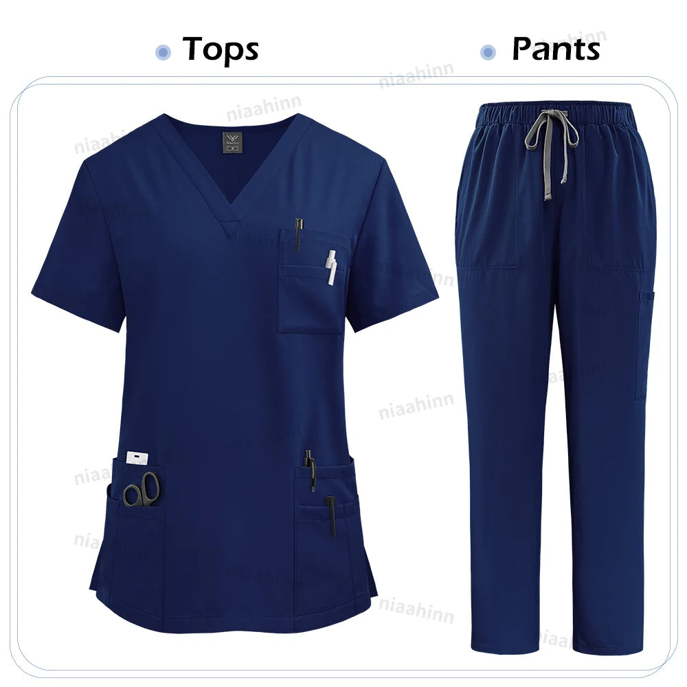 Elastic Scrub Set Operating Room Surgical Uniform Dental Veterinary Work Uniforms V-neck Short Sleeved Tops Pants Suit Wholesale