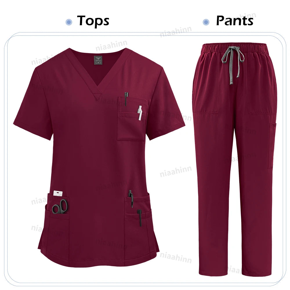 Elastic Scrub Set Operating Room Surgical Uniform Dental Veterinary Work Uniforms V-neck Short Sleeved Tops Pants Suit Wholesale