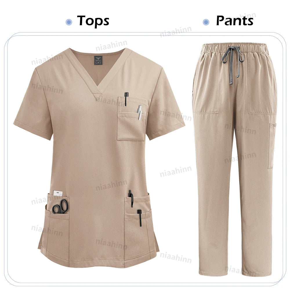 Scrubs Sets Woman Medical Nurse Spa Beauty Salon Workwear Clinical Scrubs Top + Pant Doctor Nursing Tunic Suit Surgical Uniforms