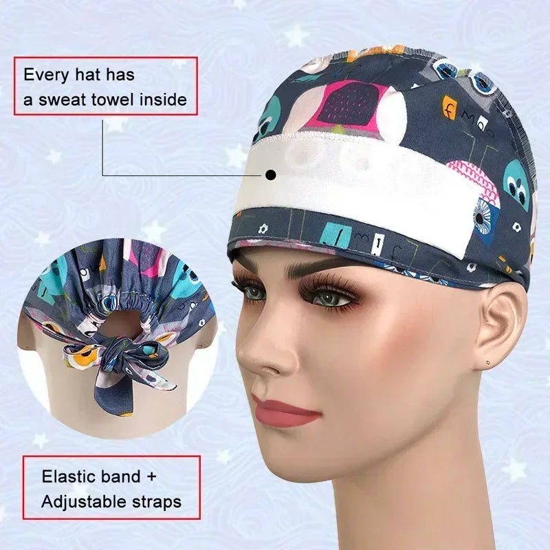 Nurse Scrubs Cap Adjustable Scrubs Hat Unisex Cotton Pink Print Nursing Caps Accessories Medical Work Hat Pet Shop Surgicals Hat