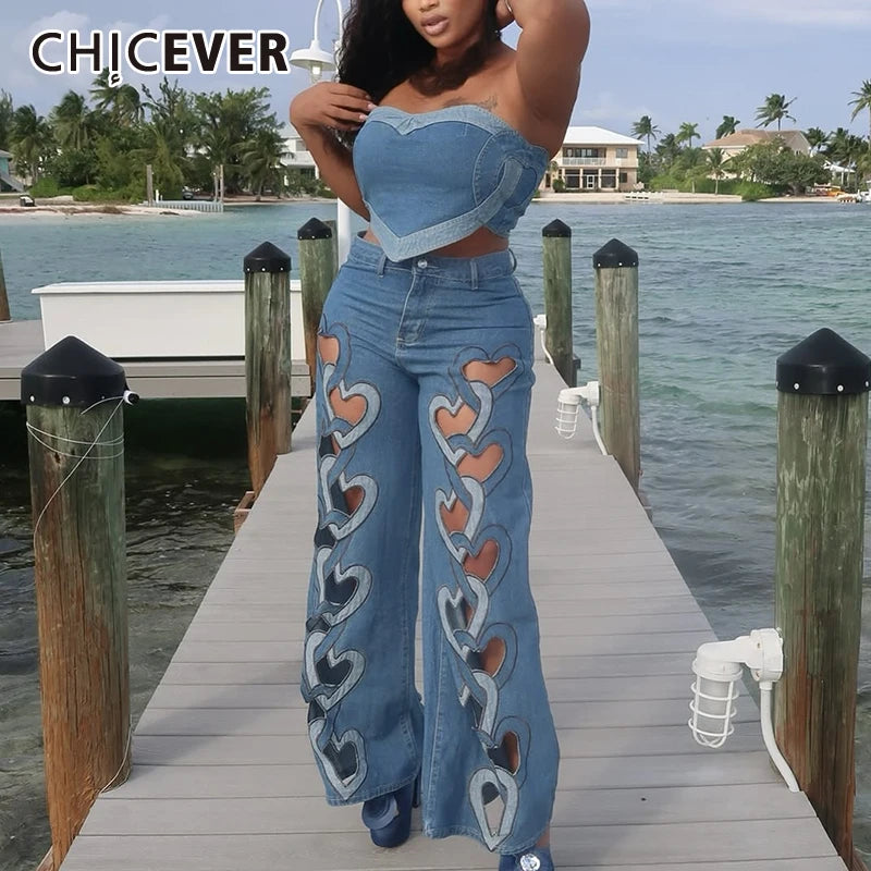 CHICEVER Retro Hot Girl Two Piece for Women Strapless Sleeveless Patchwork Denim Vest  Irregular Hollow Pant Summer Suit Female