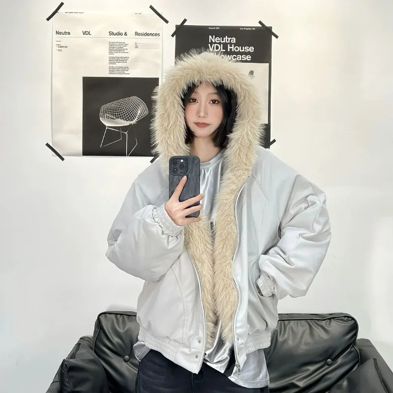 Winter Warm Jacket New High Street Fur Collar Hooded Women's American High-end Sense Versatile Korean Version Coat Trend