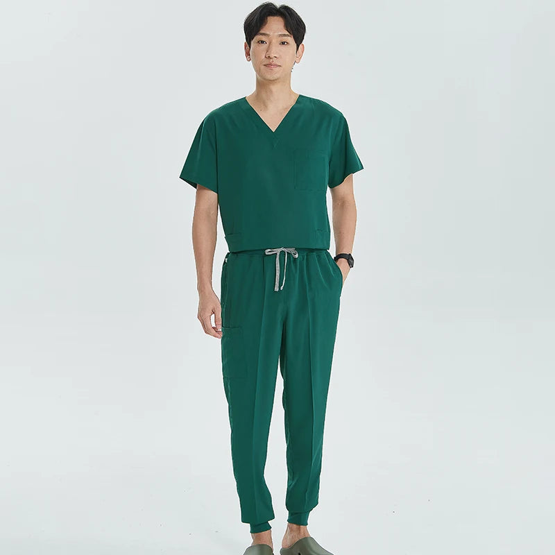 Green Hospital Work Uniforms Short-sleeved Doctor Outfit Clinical Scrub Set for Women Men Nurse V-neck Top Jogger Pant Scrub S21