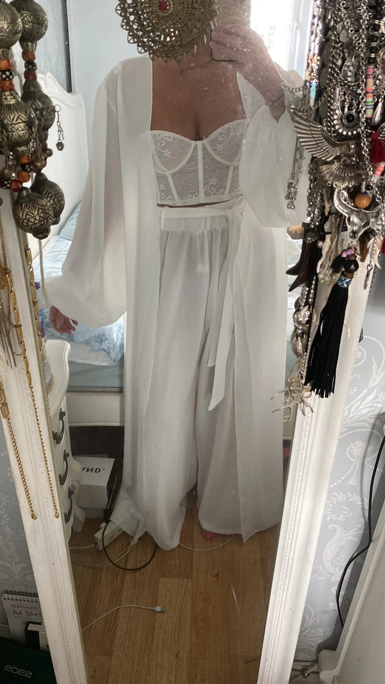 Women 3 Piece Sets Homewear Fashion Casual Lantern Sleeve Cardigan Tops+Wide Leg Pants Suits Lady Spring Soft Three Piece Outfit